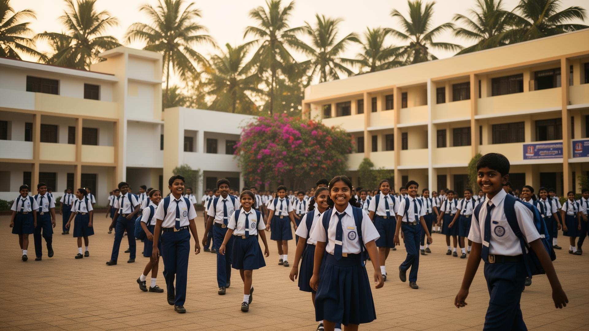 Sri Vidhya Matriculation School campus with students and greenery
