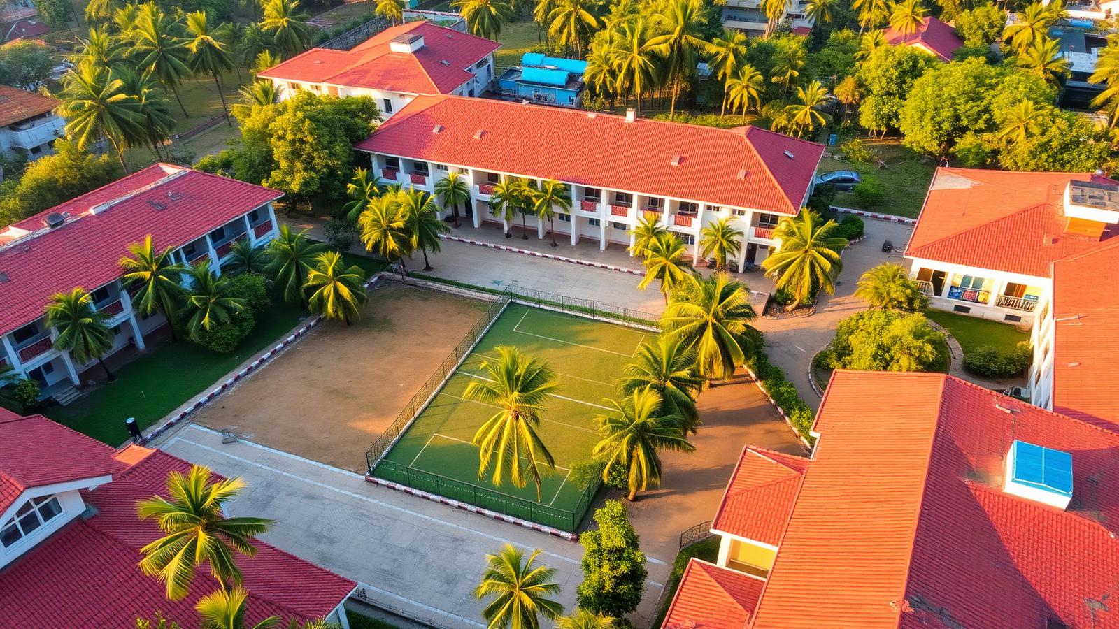 Aerial view of Sri Vidhya campus with red-tiled roofs and palm trees