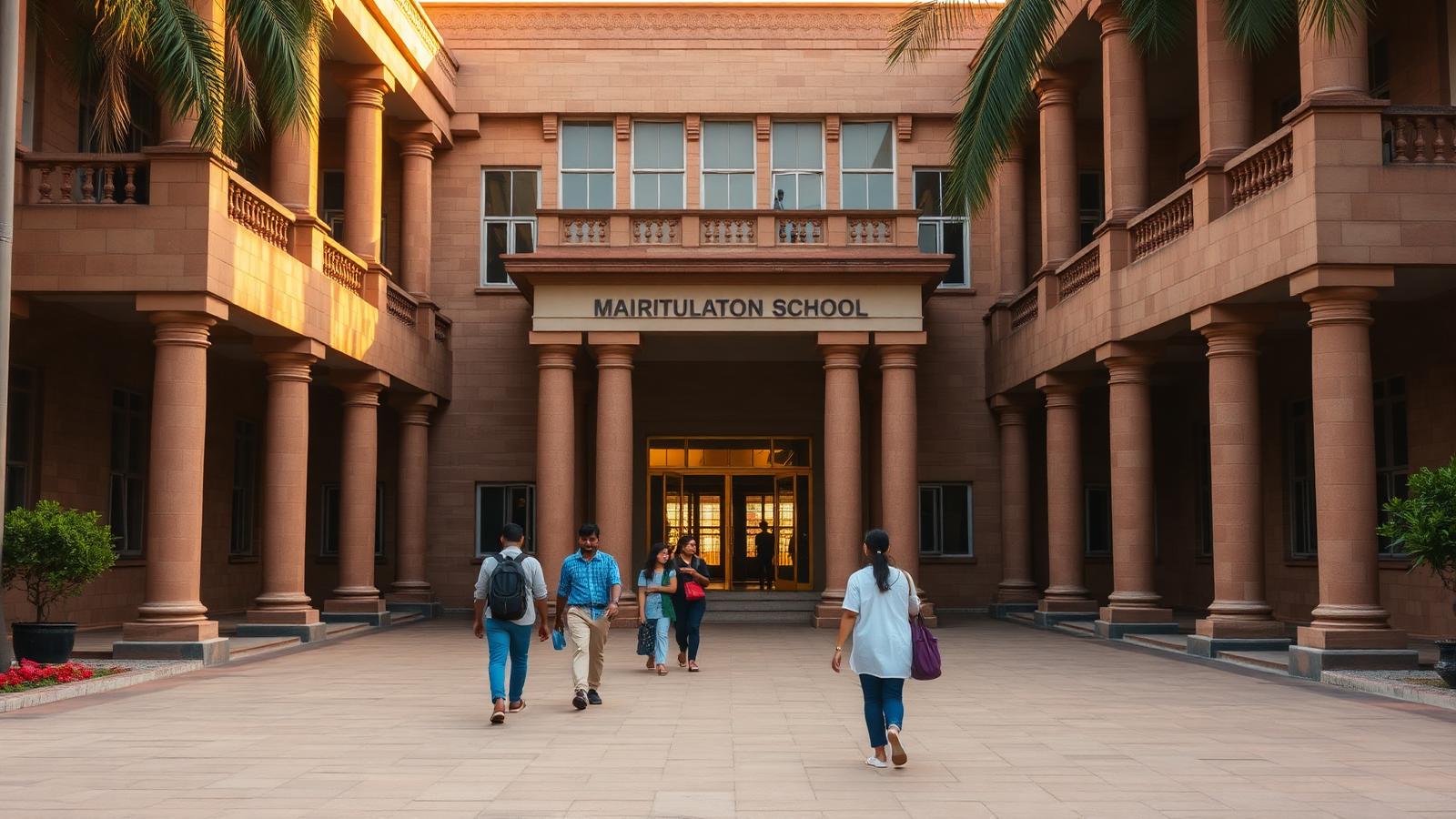 Elegant exterior facade of Sri Vidhya Matriculation School at golden hour