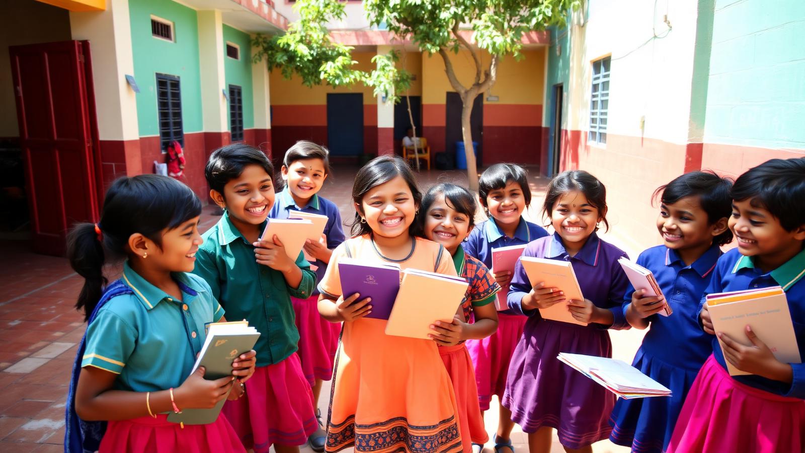 Sri Vidhya students laughing and holding notebooks in a courtyard